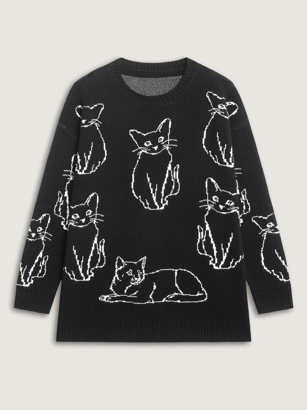 Cat Jacquard Pattern Drop Shoulder Pullover
