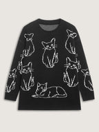 Cat Jacquard Pattern Drop Shoulder Pullover