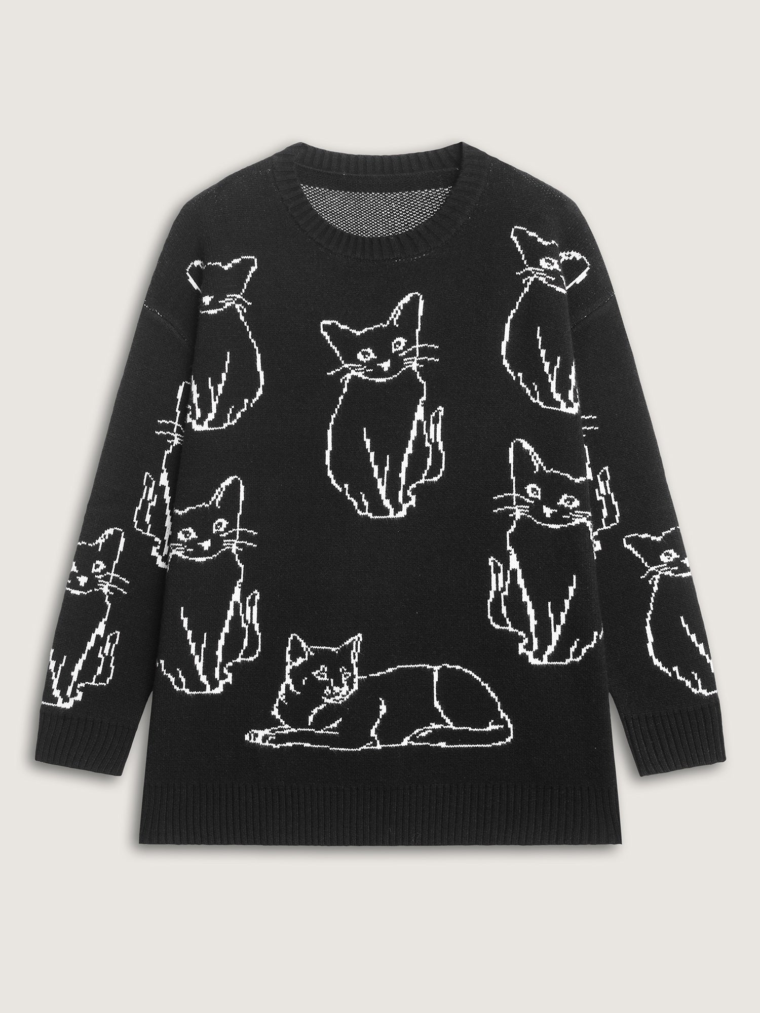 Cat Jacquard Pattern Drop Shoulder Pullover