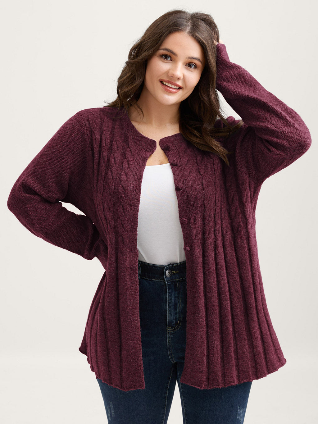Cable Knit Round Neck Button Knit Cardigan
