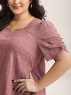 Textured Gathered Sleeve Split Neck Blouse