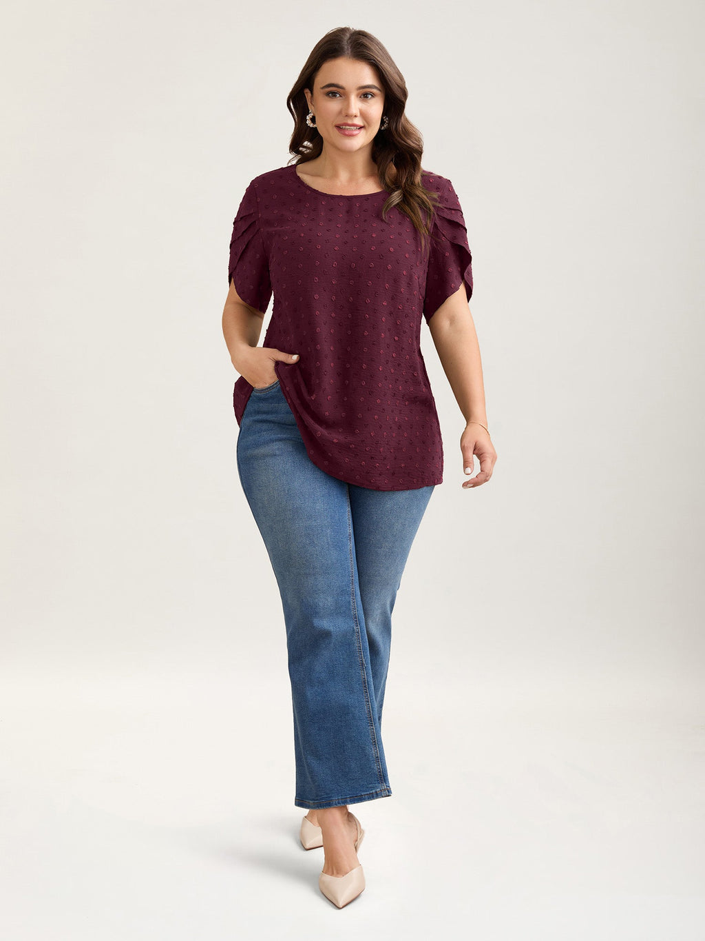 Textured Color Contrast Petal Sleeve Blouse