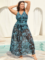 Two-Piece Floral Print Ruched Mesh Swimsuit, Sarong