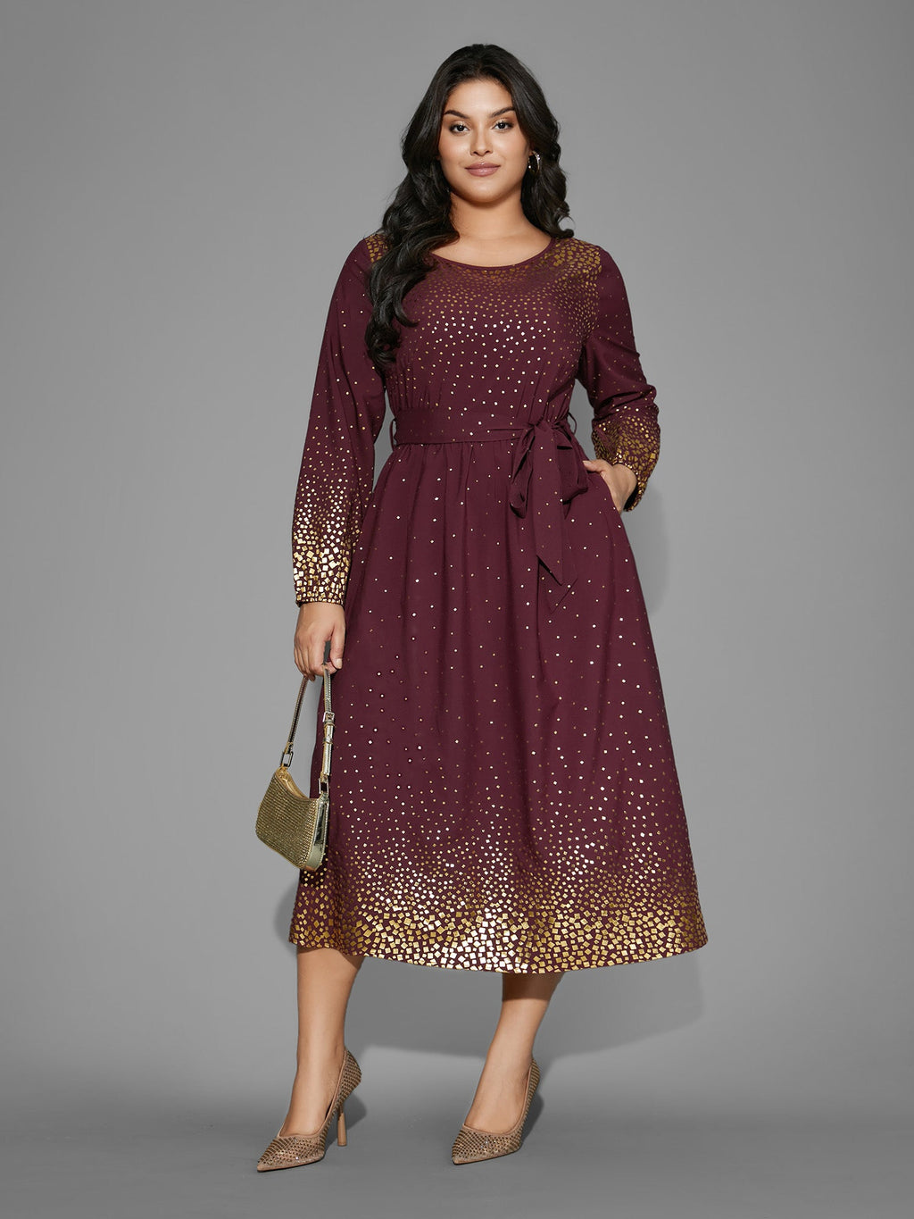 Glitter Round Neck Belted Lantern Sleeve Dress