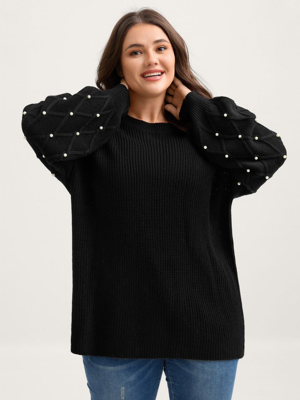 Textured Pearl Detail Drop Shoulder Pullover
