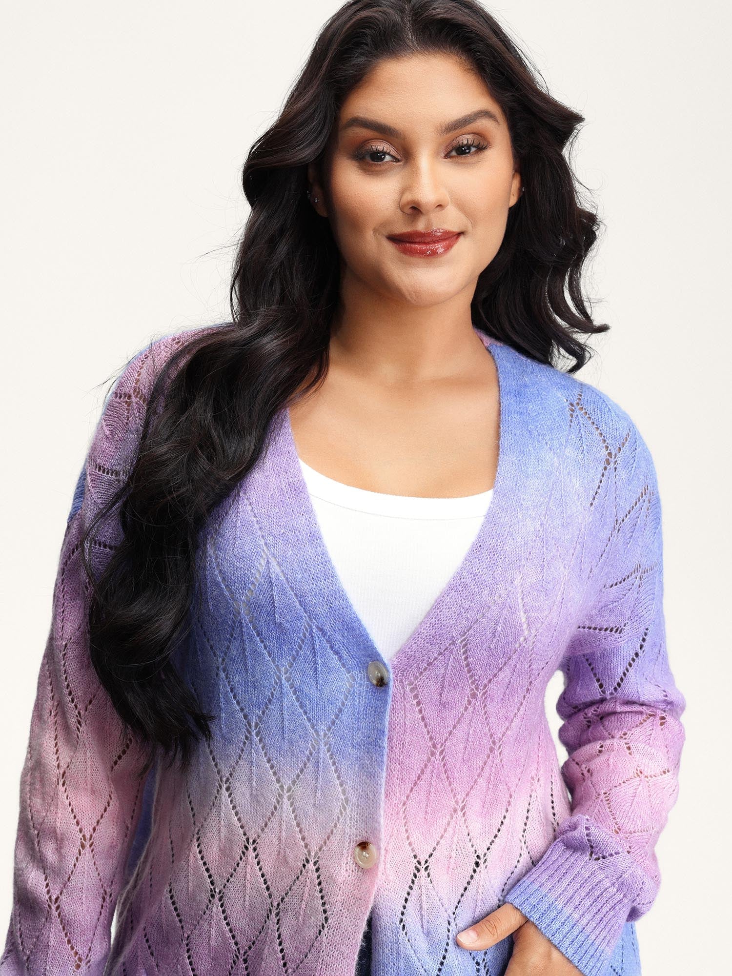 Ombre Gradient Eyelet Trim Knit Cardigan