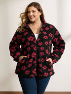 Jacquard Plush Floral Zipper Jacket