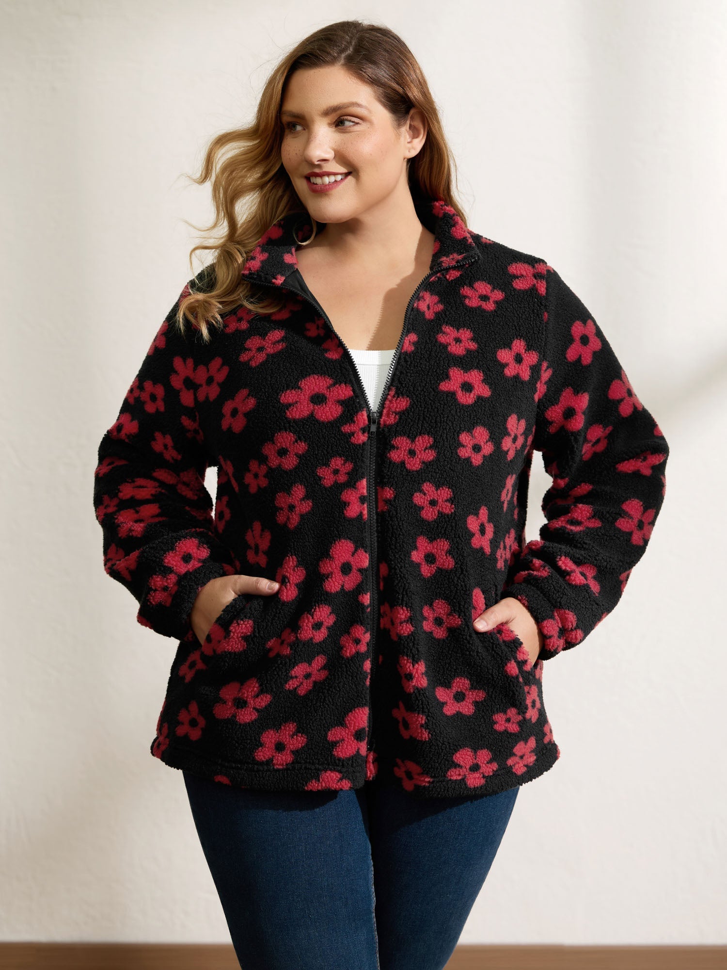Jacquard Plush Floral Zipper Jacket