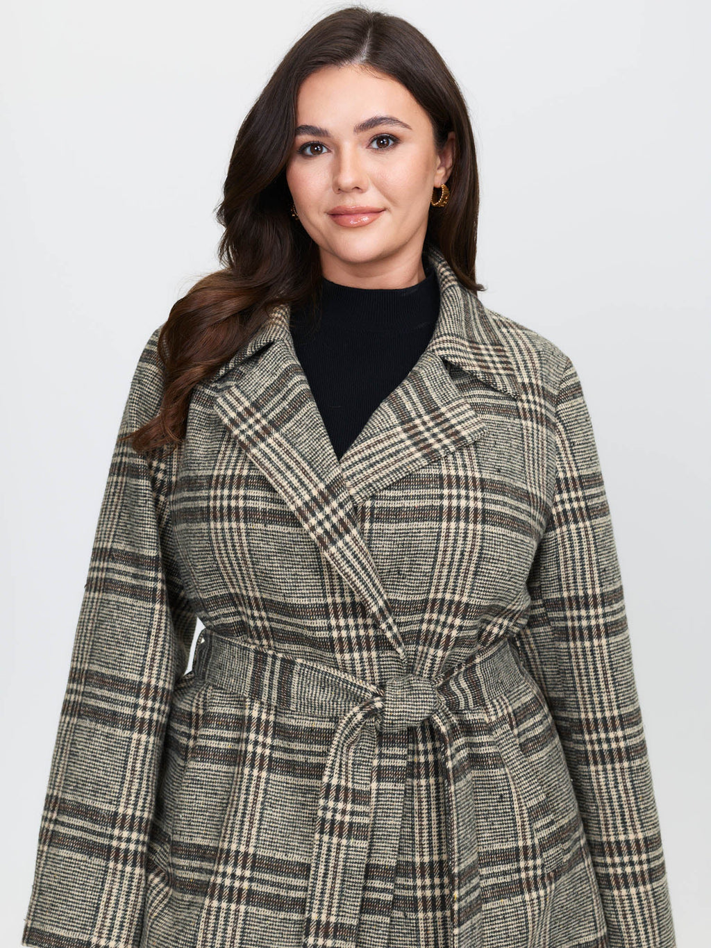 Plaid Belted Waist-Defining Coat