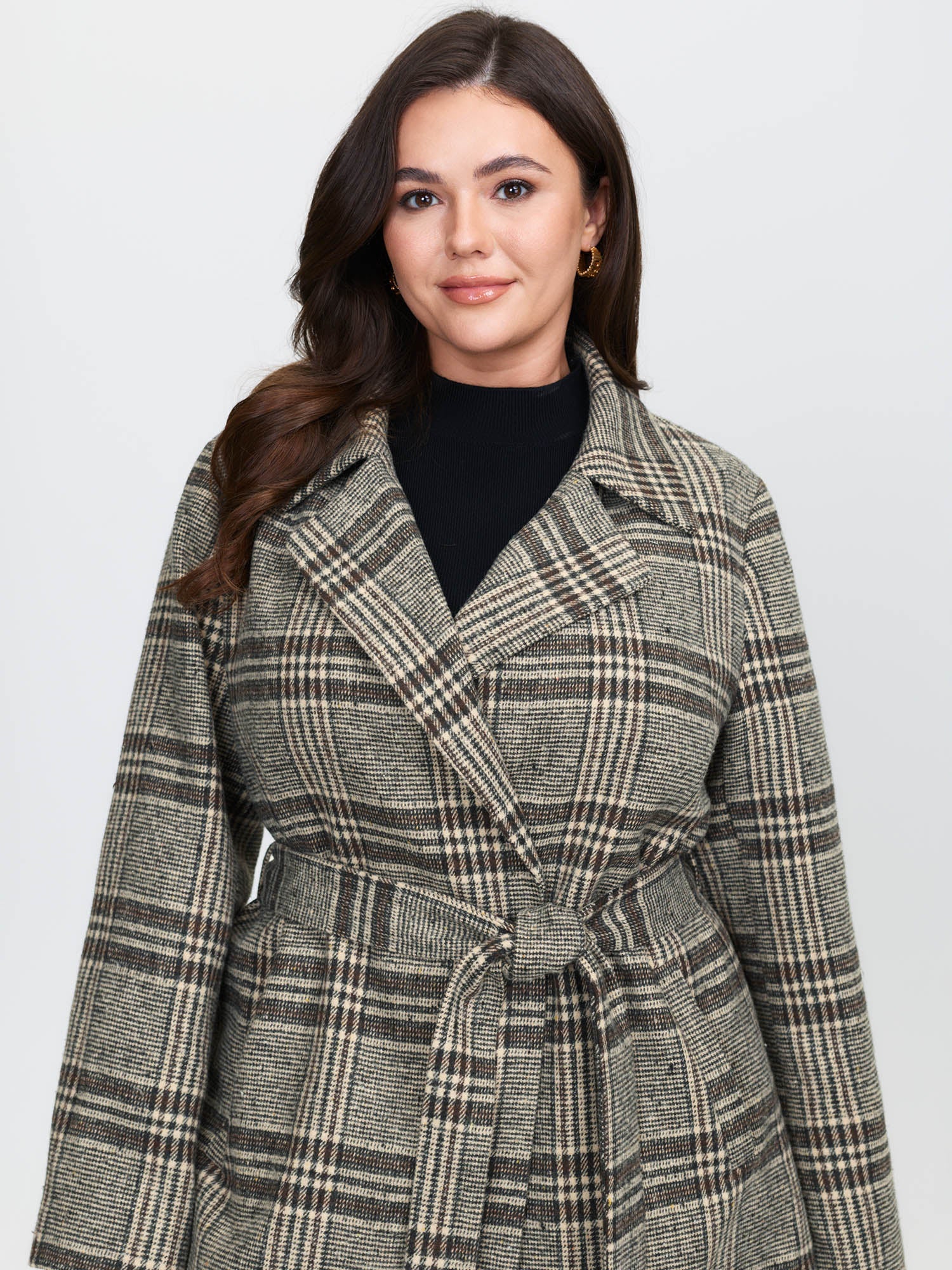 Plaid Belted Waist-Defining Coat