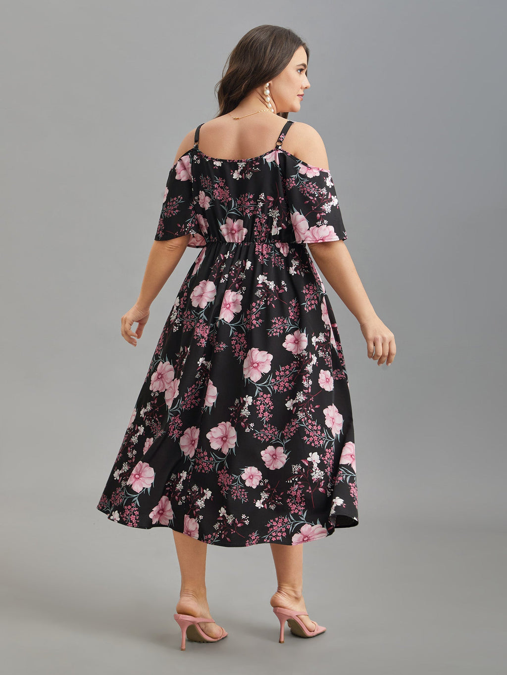 Floral Print Cold-Shoulder Pockets Midi Dress