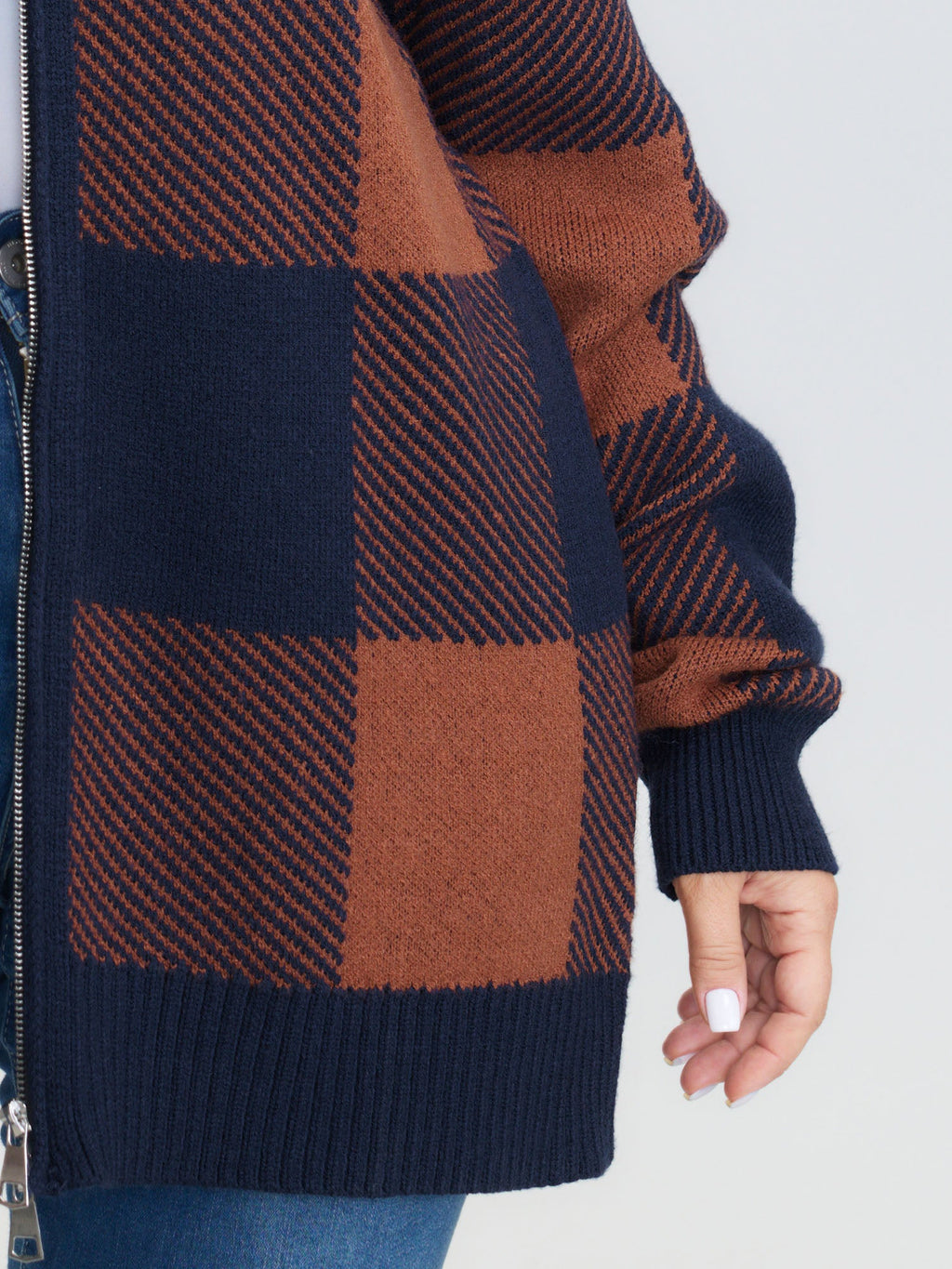 Supersoft Checkered Pattern Zip Knit Cardigan