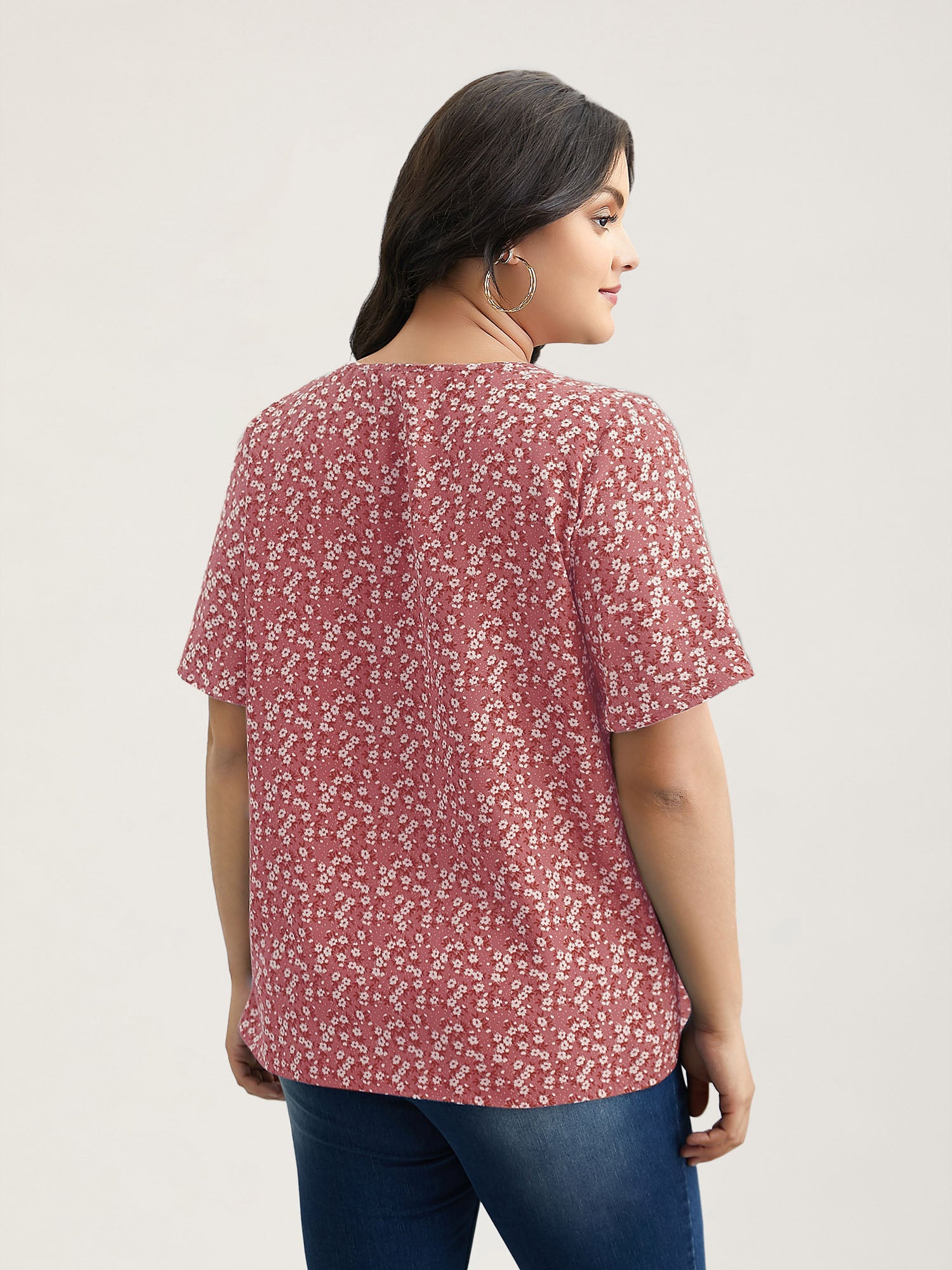 Floral Ruffle Sleeve Gathered Round Neck Blouse