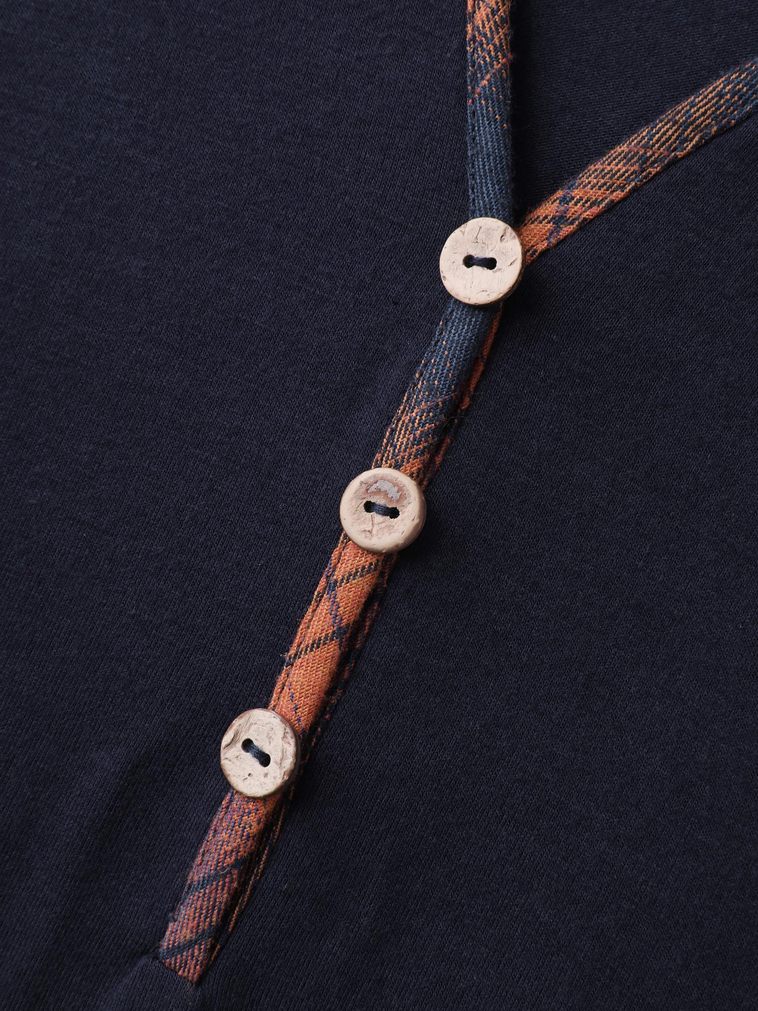 Stretchy Plaid Sleeve Split Neck T-Shirt