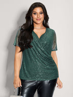 Shimmery Wrap Neck Sheer Sleeve T-Shirt