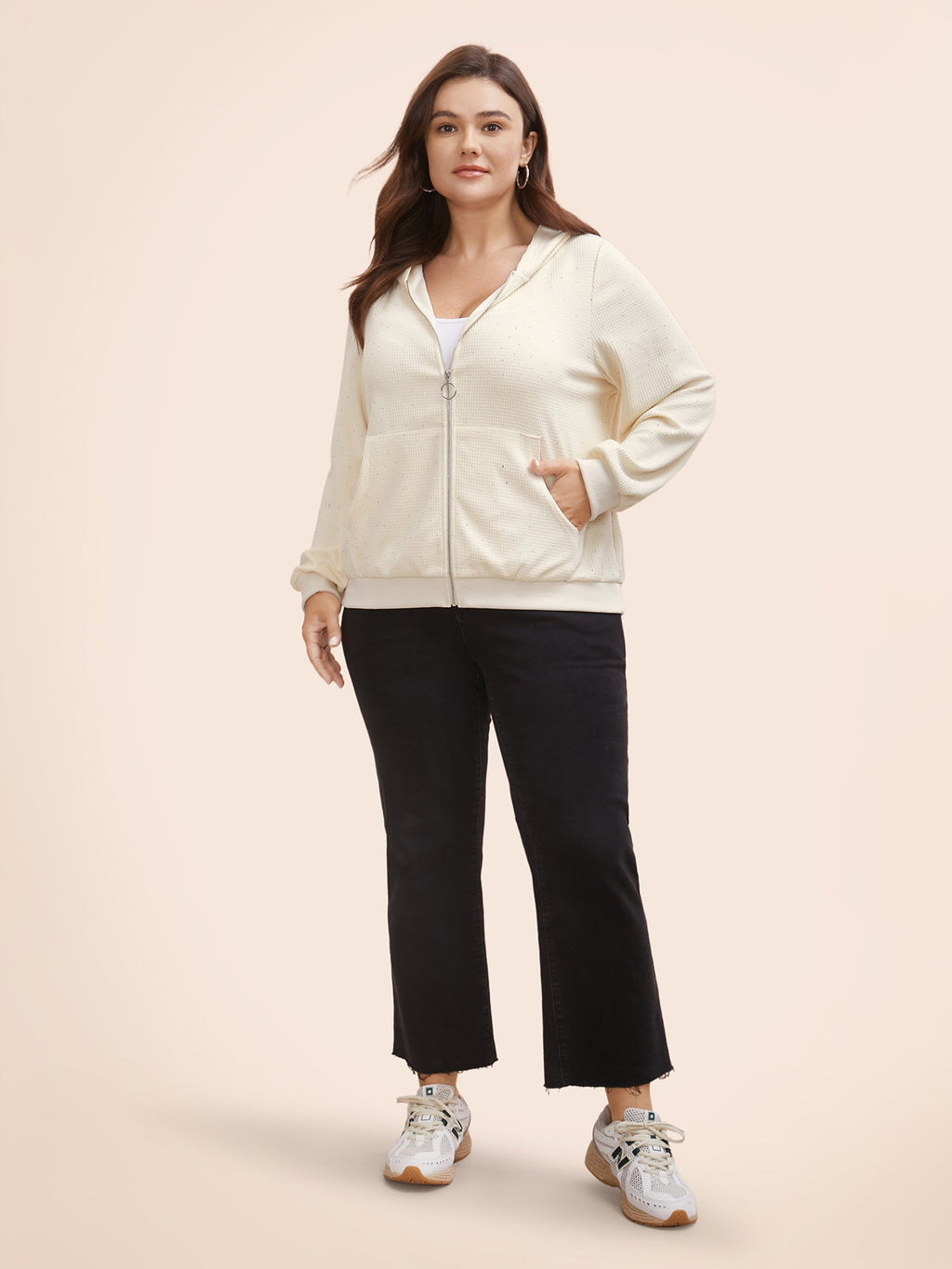 Textured Rhinestone Hooded O Ring Zipper Sweatshirt