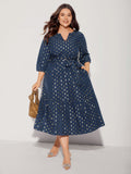 Glitter Notched Lantern Sleeve Midi Dress