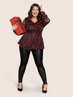 Sequin Mesh Lantern Sleeve Wrap Belted Striped Blouse