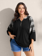 Stretchy Plaid Sleeve Split Neck T-Shirt