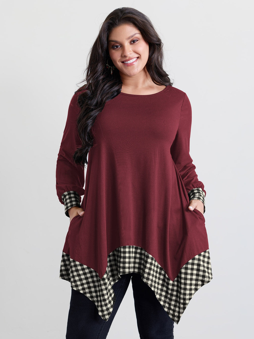Supersoft Stretchy Checkered Asymmetrical Hem T-Shirt