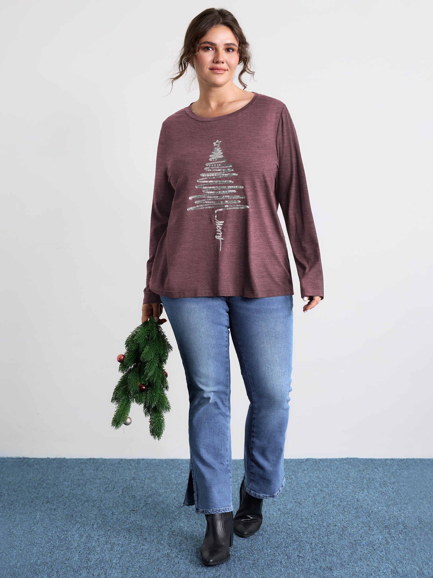Sequin Cord Embroidered Tree Round Neck T-Shirt