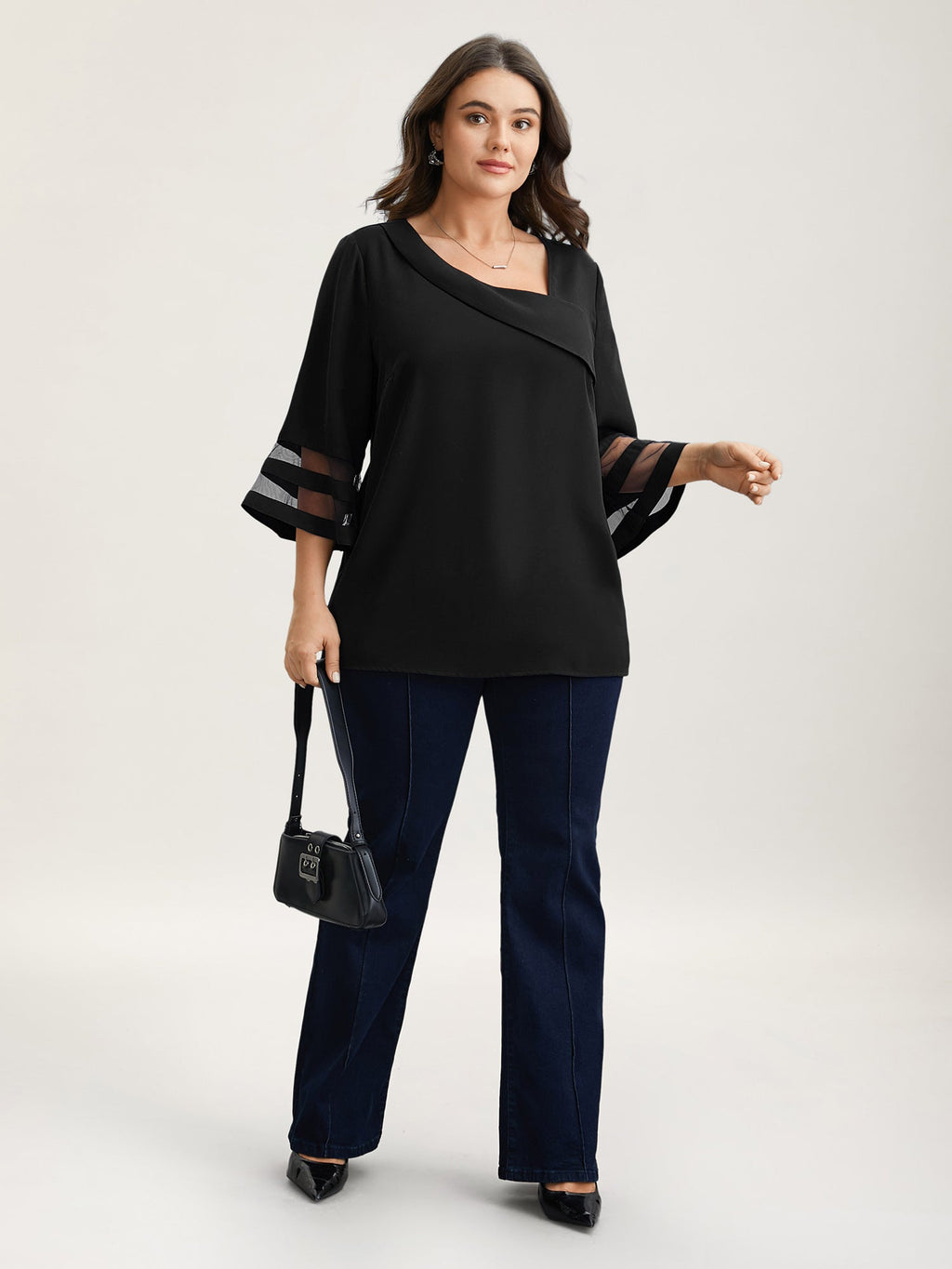 Sheer Sleeve Patchwork Asymmetrical Neckline Blouse