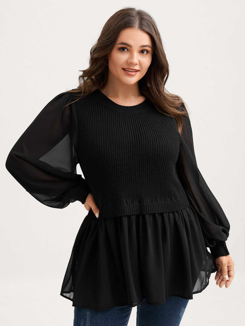 Balloon Sleeve Solid Twofer Sweater