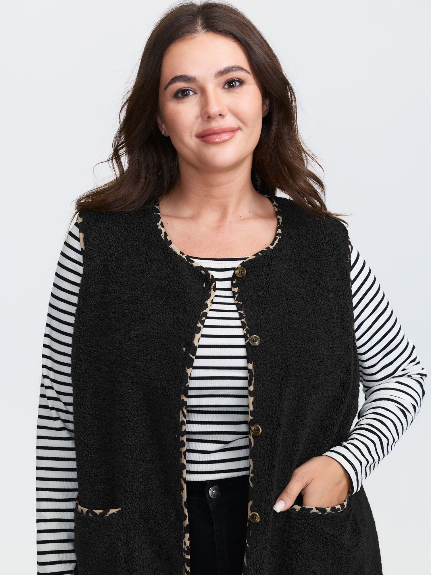 Faux Shearling Patchwork Leopard Edge Vest