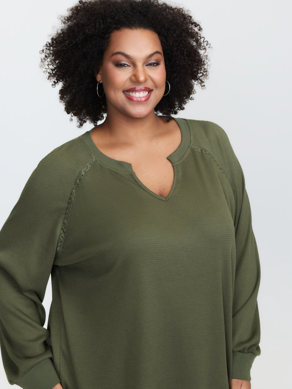 Waffle Grid Notched Collar Lace Sweatshirt