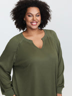 Waffle Grid Notched Collar Lace Sweatshirt