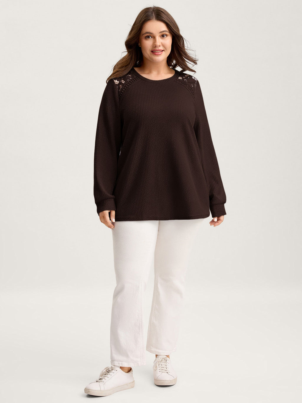 Waffle Spliced Floral Lace Sweatshirt