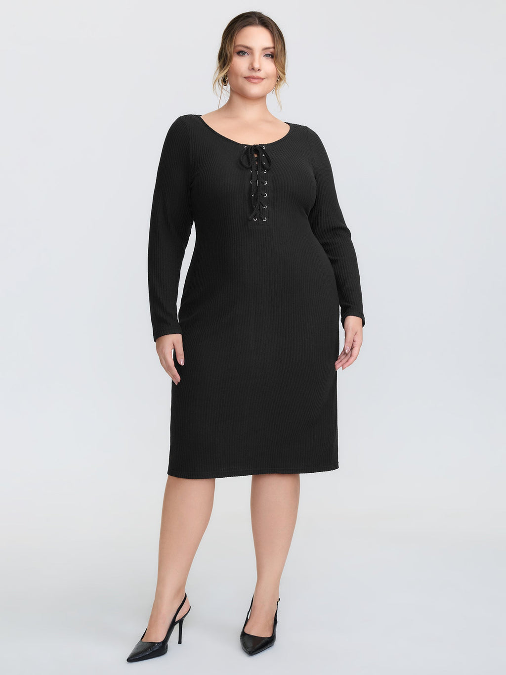 Stretchy Round Neck Lace-Up Midi Dress