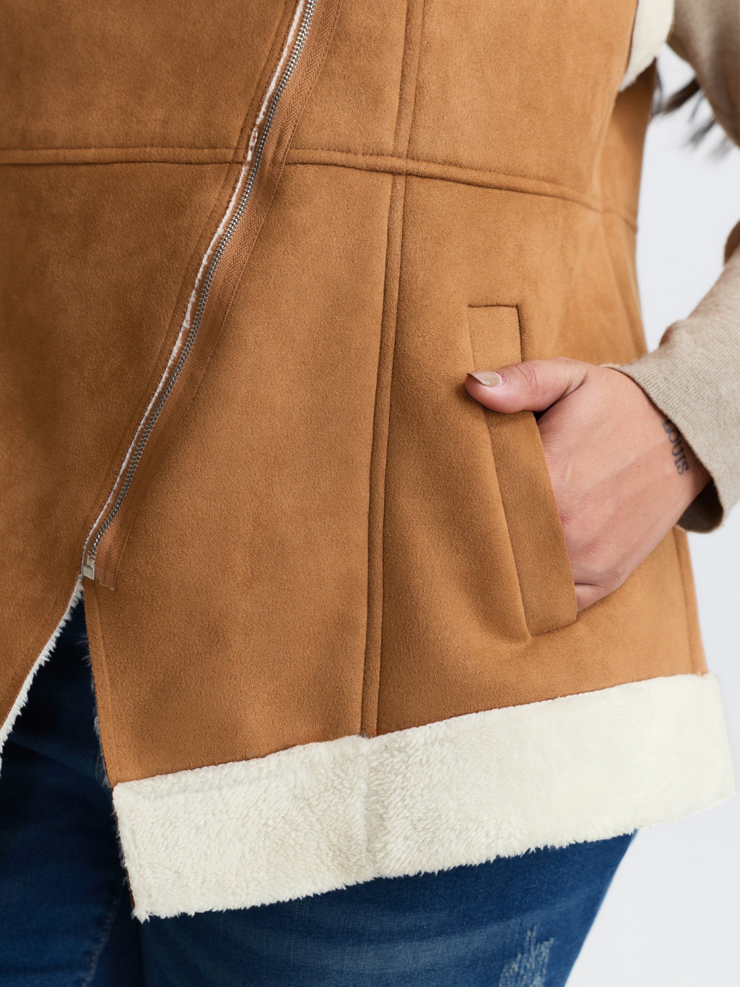 Suede Fluffy Zipper Hooded Vest Coat