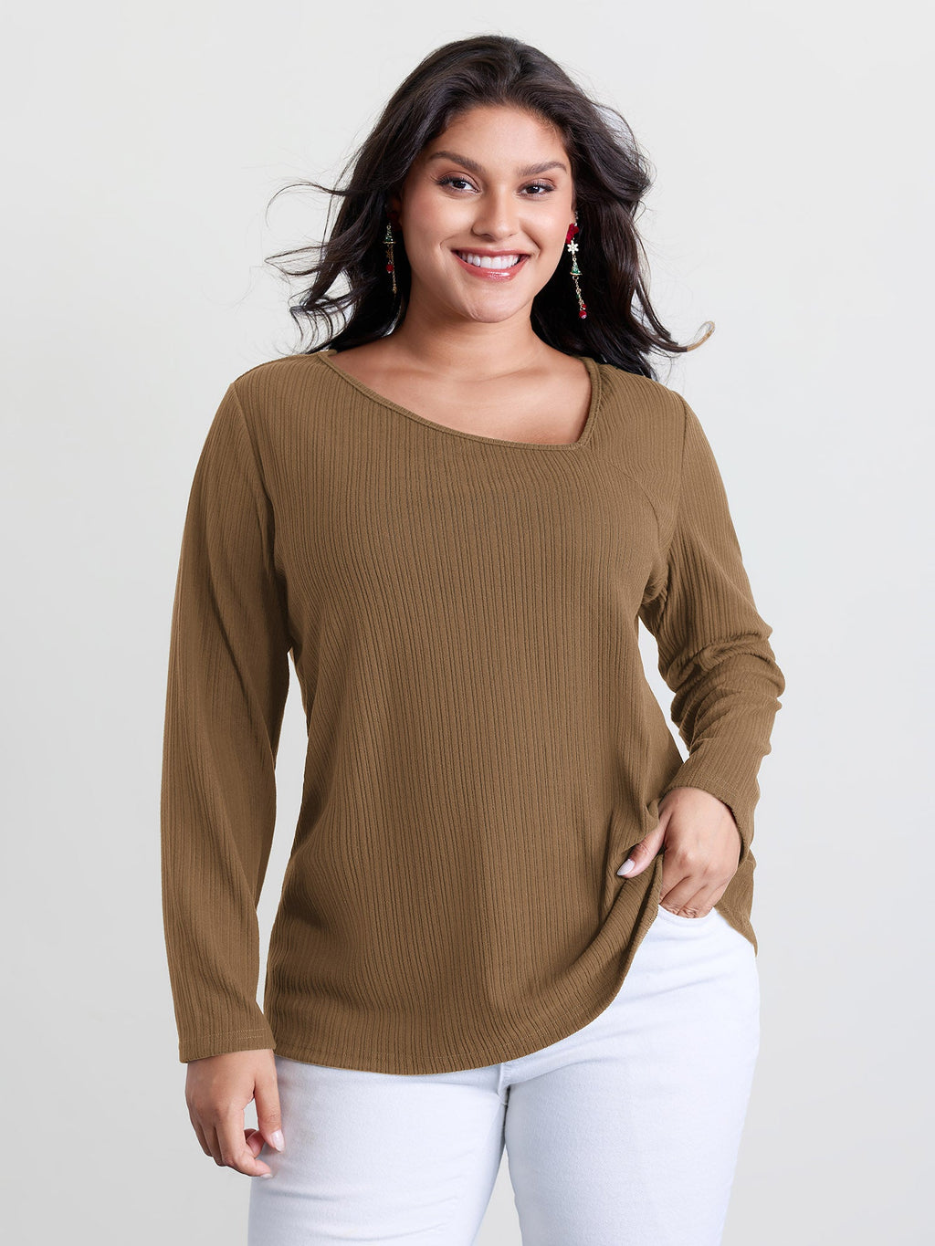 Super Stretchy Ribbed Asymmetrical Neck T-Shirt