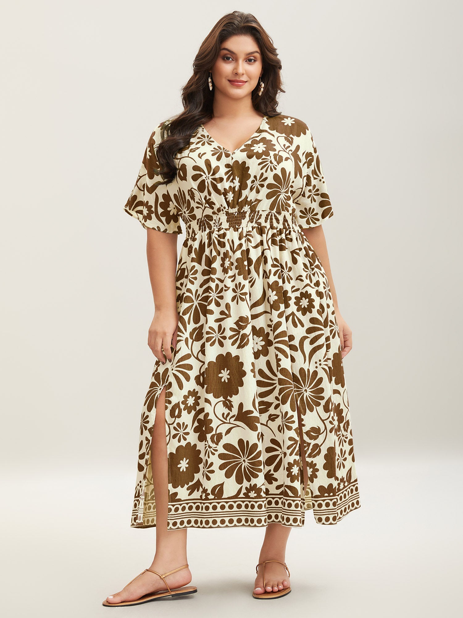 Large Floral Print Pockets Midi Dress