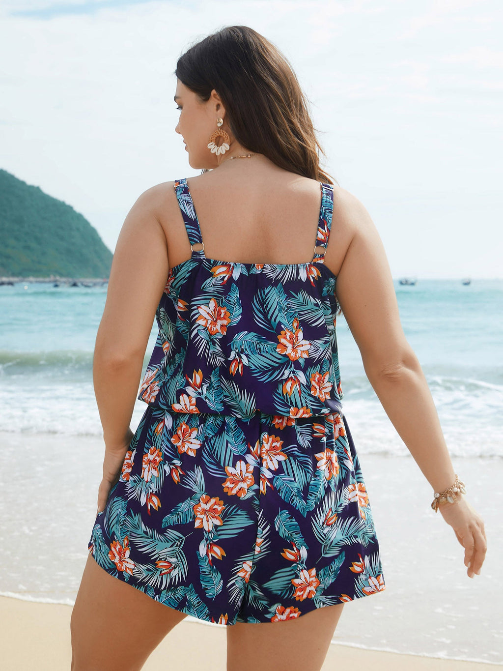 Tropical Flower Print Pockets One-Piece Swimsuit