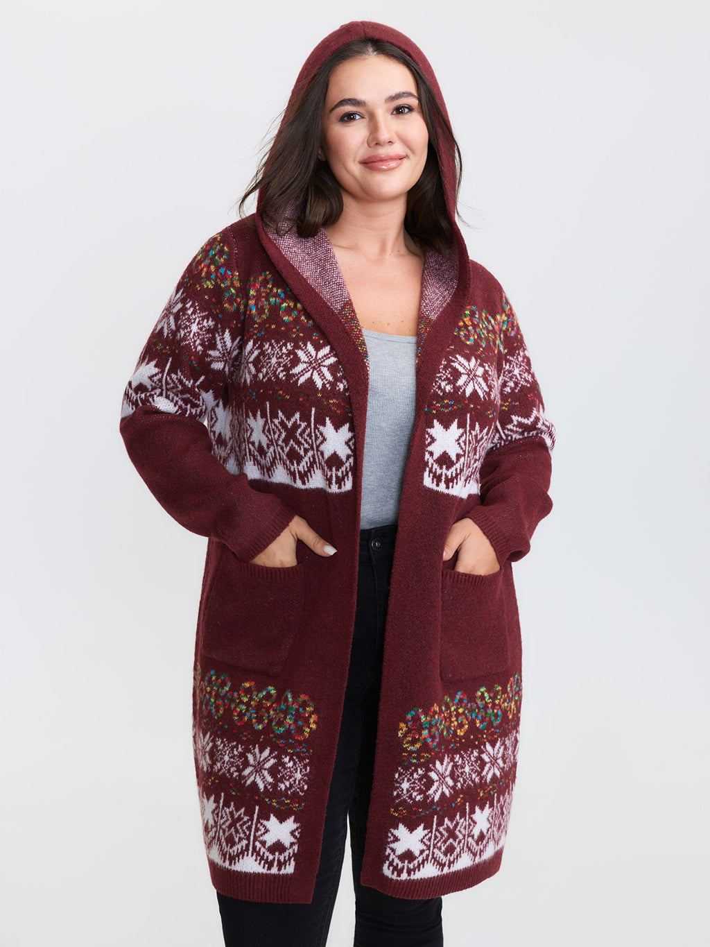 Boho Print Jacquard Hooded Knit Cardigan