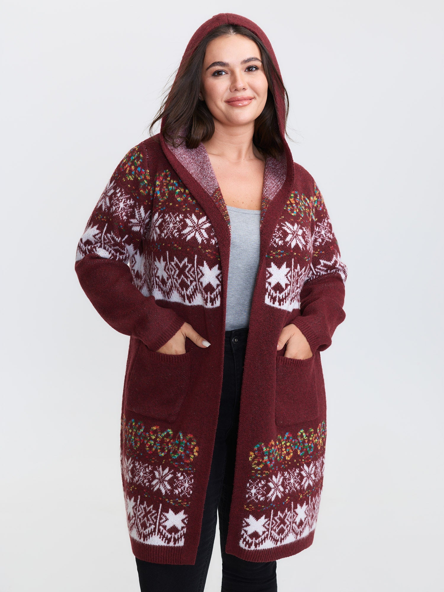 Boho Print Jacquard Hooded Knit Cardigan