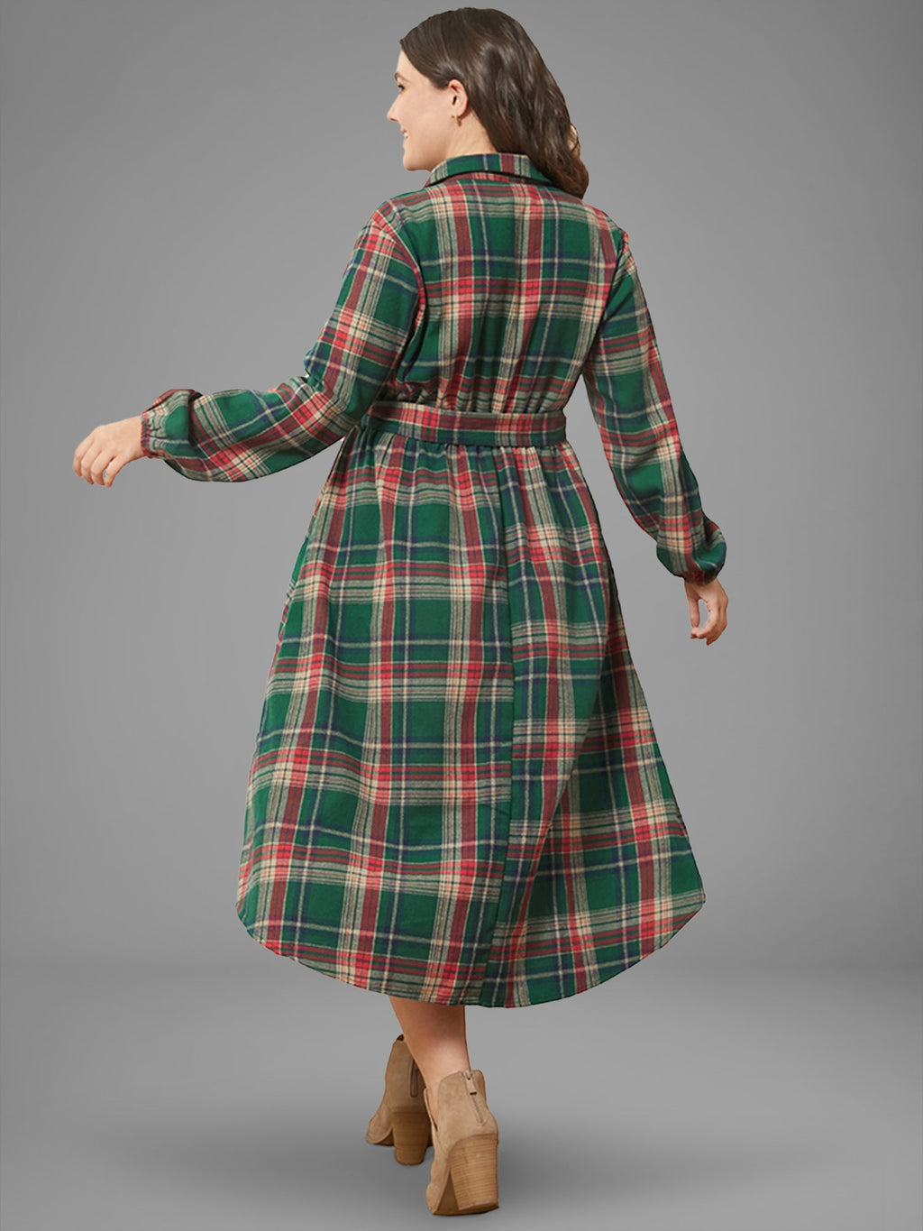 Plaid Button Detail Pocket Belted Arc Hem Dress