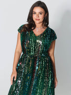 Shimmery Sequin Stripe Cinched-Waist Midi Dress