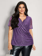 Shimmery Wrap Neck Sheer Sleeve T-Shirt
