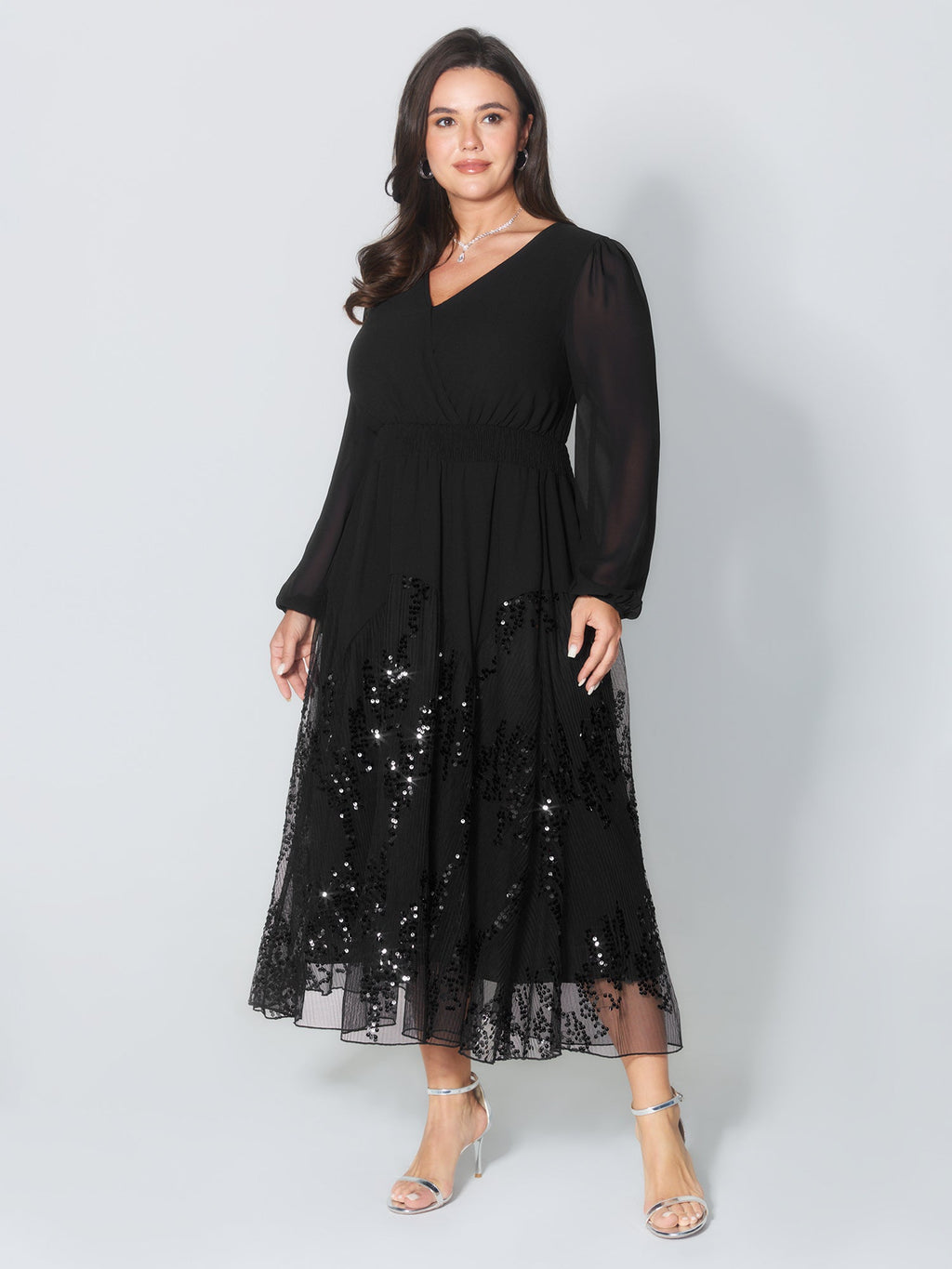 Sequin Mesh Asymmetrical Hem Maxi Dress