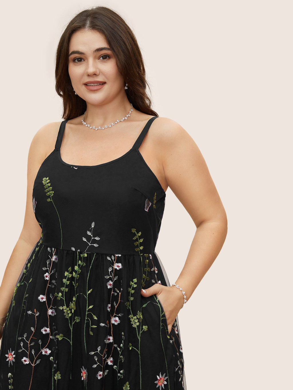 U Neck Floral Embroidered Mesh Cami Dress