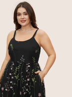 U Neck Floral Embroidered Mesh Cami Dress