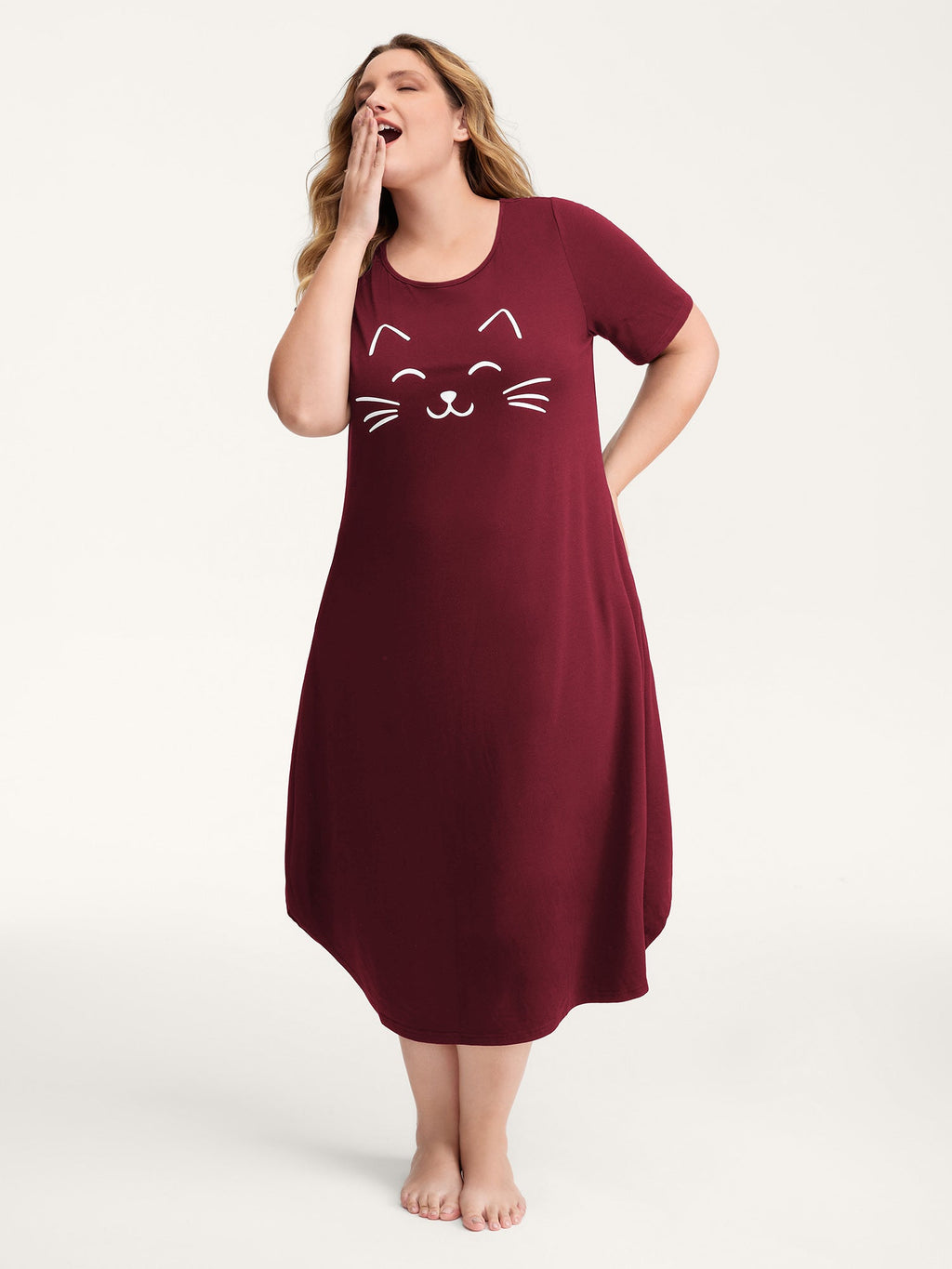Happy Cat Print Stretchy Contrast Sleep Dress
