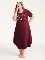 Happy Cat Print Stretchy Contrast Sleep Dress