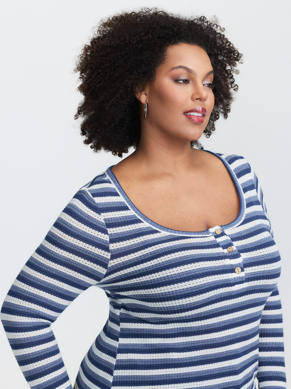 Striped Button Placket Fitted T-Shirt