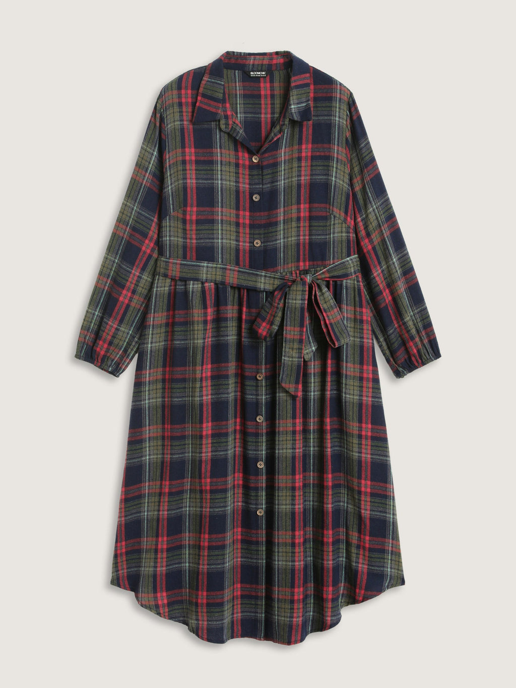 Plaid Button Detail Pocket Belted Arc Hem Dress