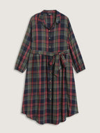 Plaid Button Detail Pocket Belted Arc Hem Dress