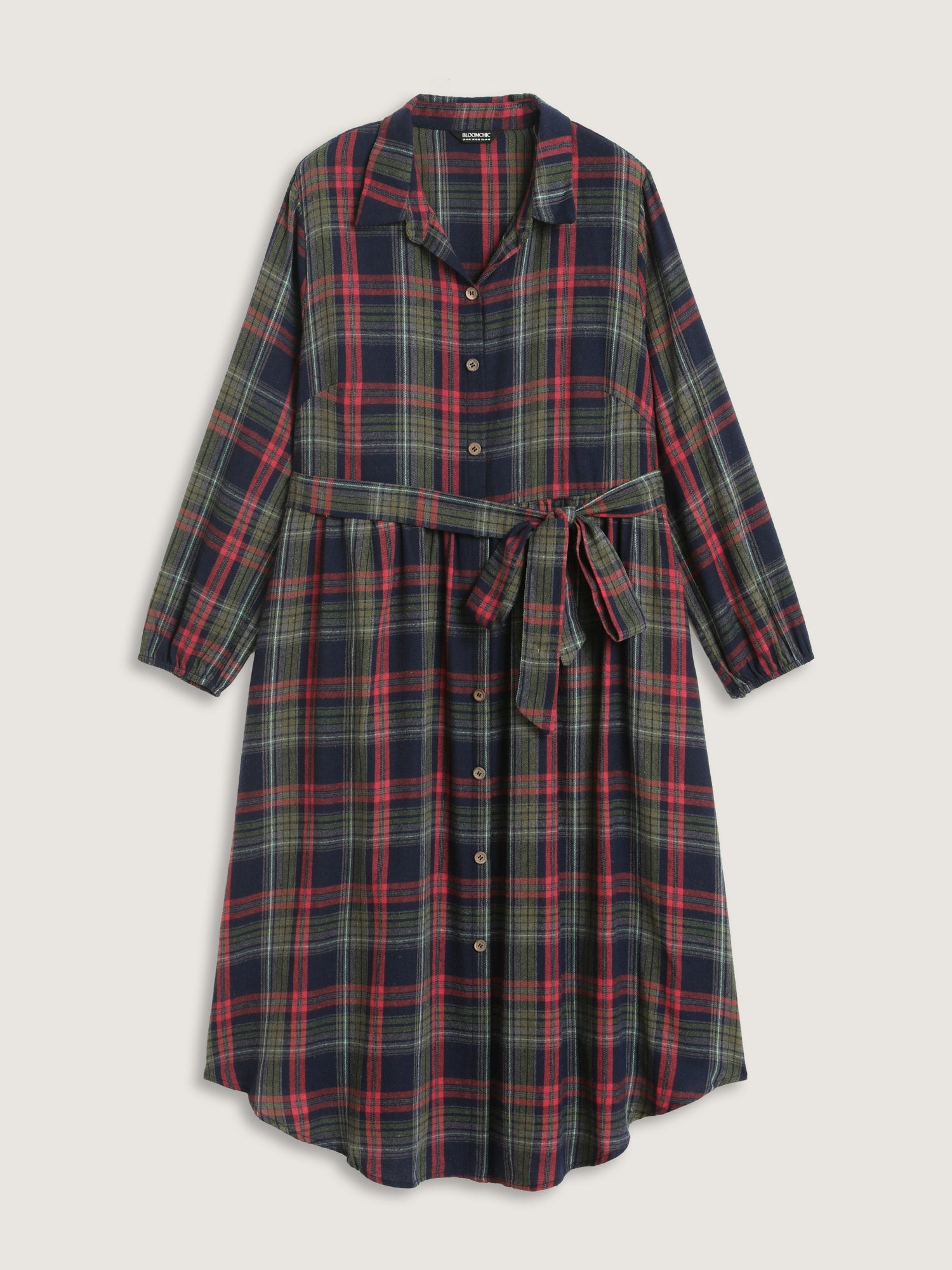 Plaid Button Detail Pocket Belted Arc Hem Dress